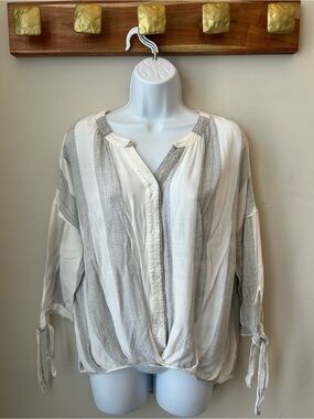 So Perla COTTON Boho Coastal Stripe Wrap Hem Blouse Cottagecore Resort - medium
